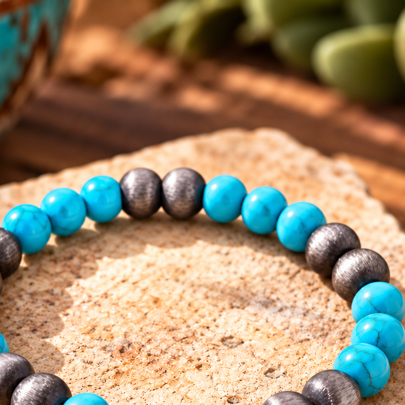 Turquoise & Charcoal Beaded Stretch Bracelet