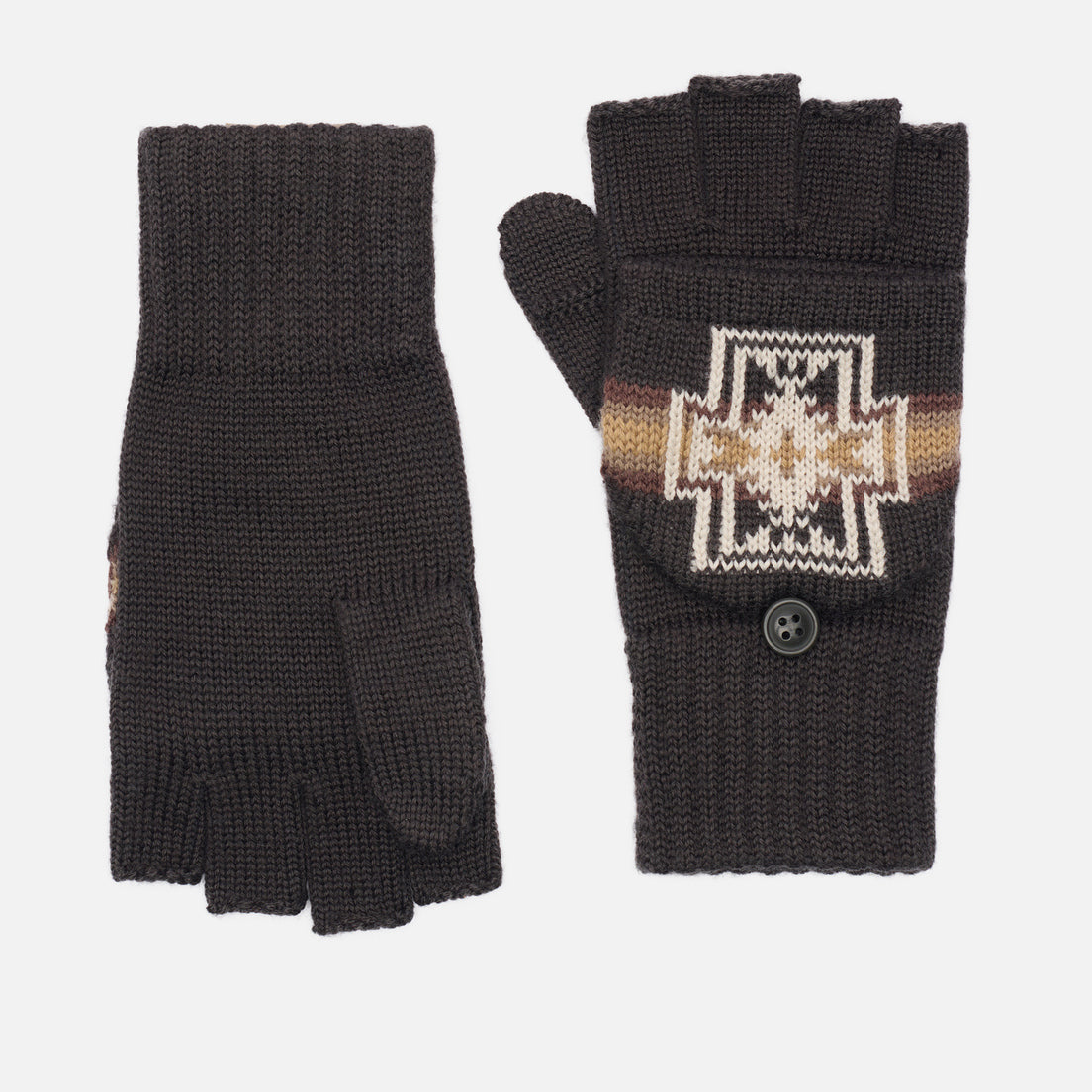 A pair of charcoal gray Pendleton convertible fingerless mittens with geometric patterns on the knit fabric.