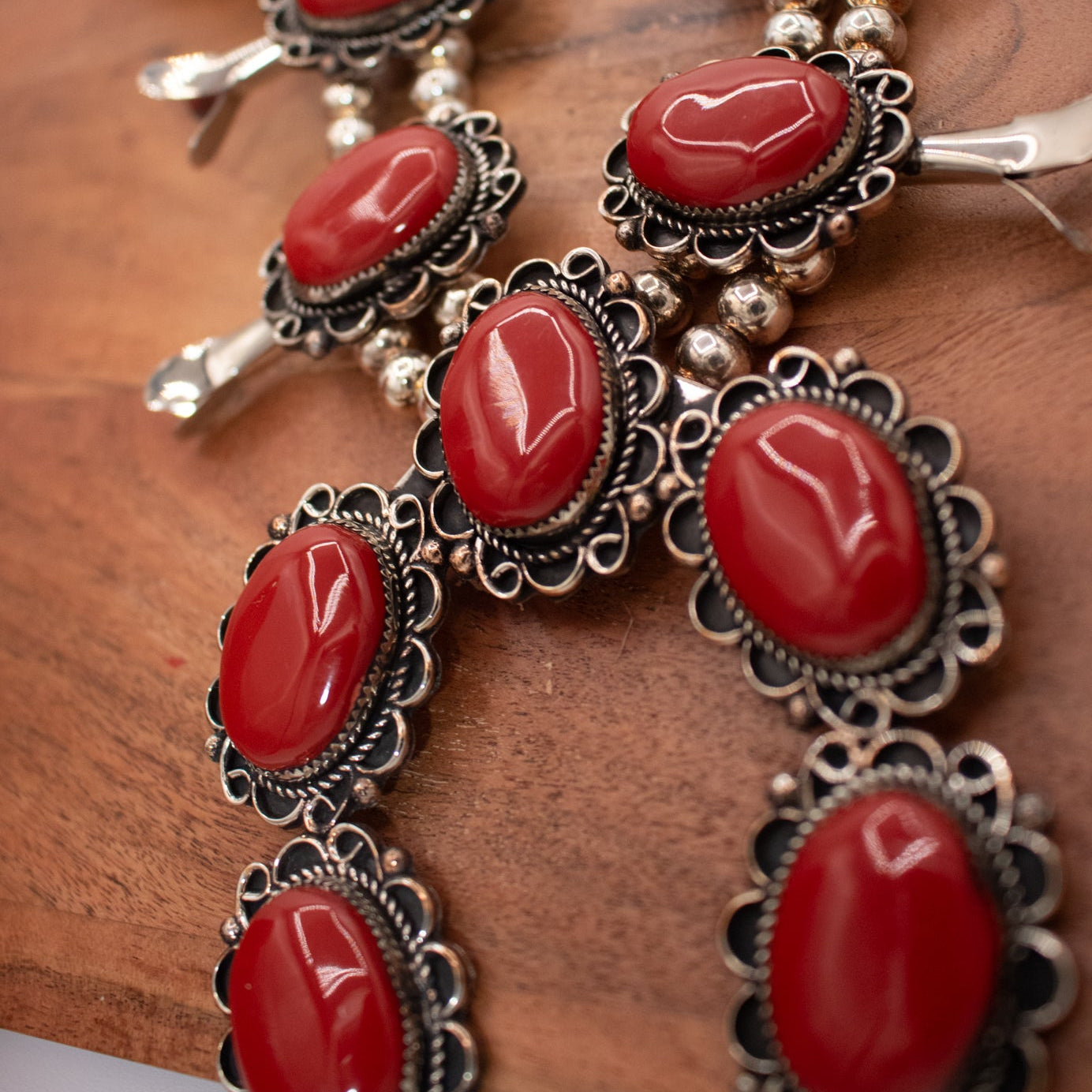 Navajo Pewter Coral Squash Blossom Necklace Handmade by Navajo Silversmith Jackie Cleveland.