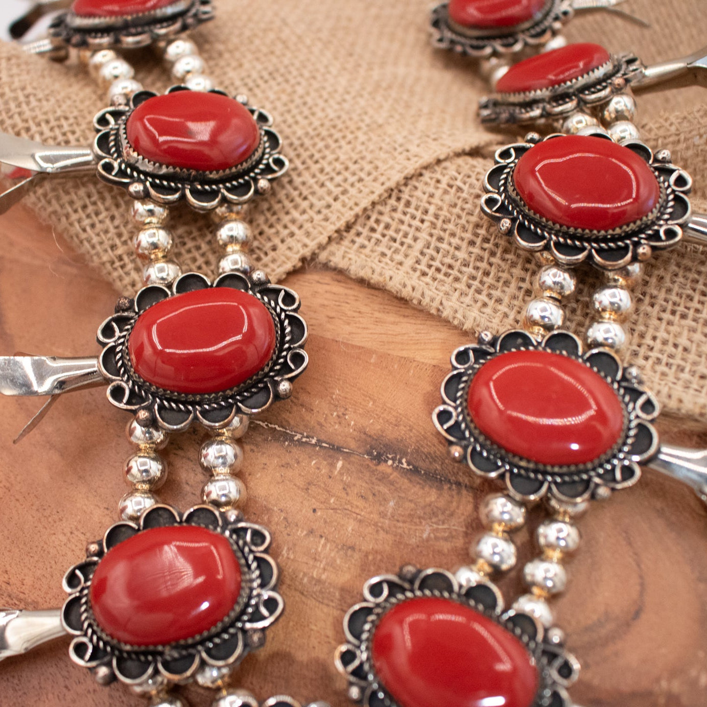 Navajo Pewter Coral Squash Blossom Necklace Handmade by Navajo Silversmith Jackie Cleveland.