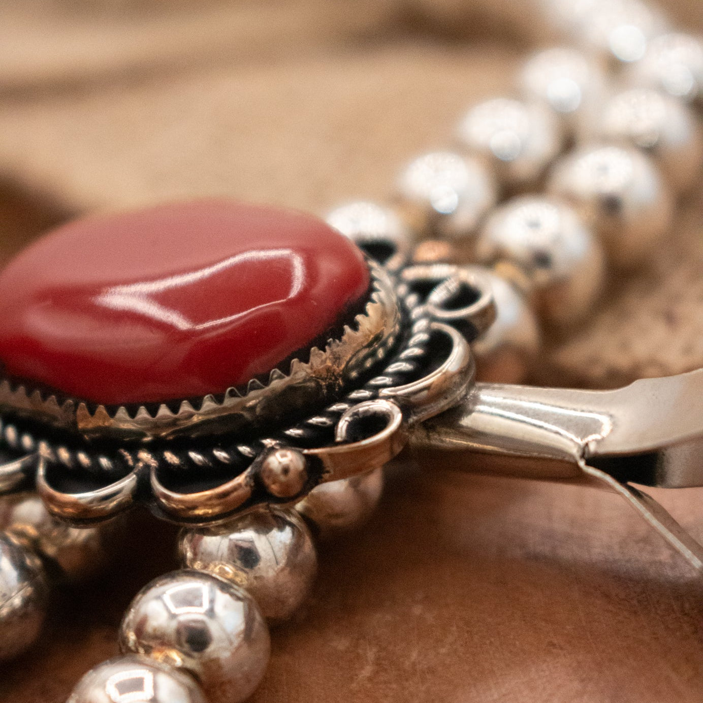 Navajo Pewter Coral Squash Blossom Necklace Handmade by Navajo Silversmith Jackie Cleveland.