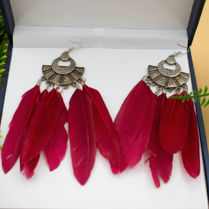 Paparazzi Ornate Silver basic with six Red Feather Dangling from each Statement Piece Earring Aztec Aesthetic
