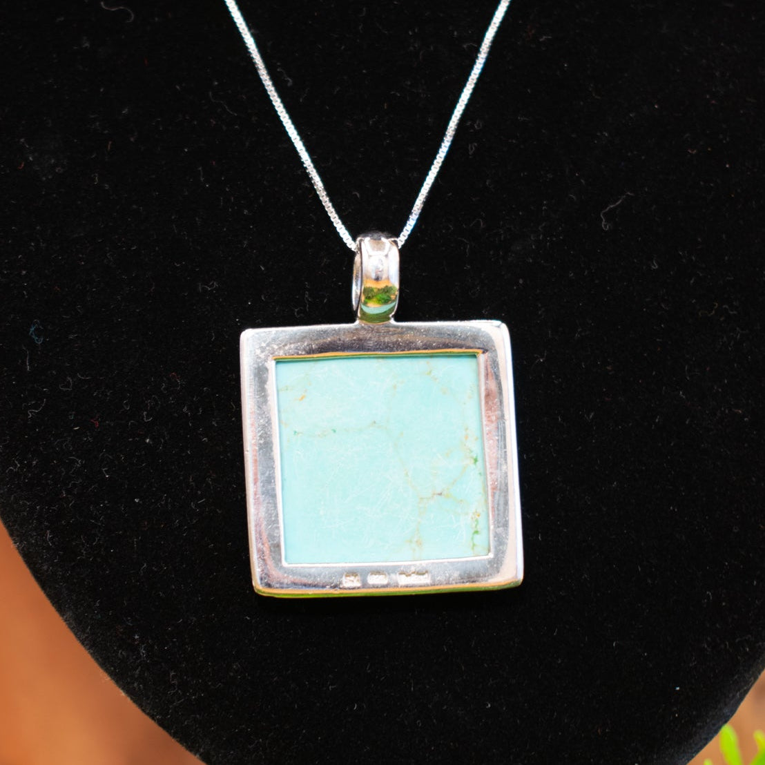 Square Timberline Turquoise Pendent Inlayed in 925 Silver Boarder Necklace Crafted in Thailand