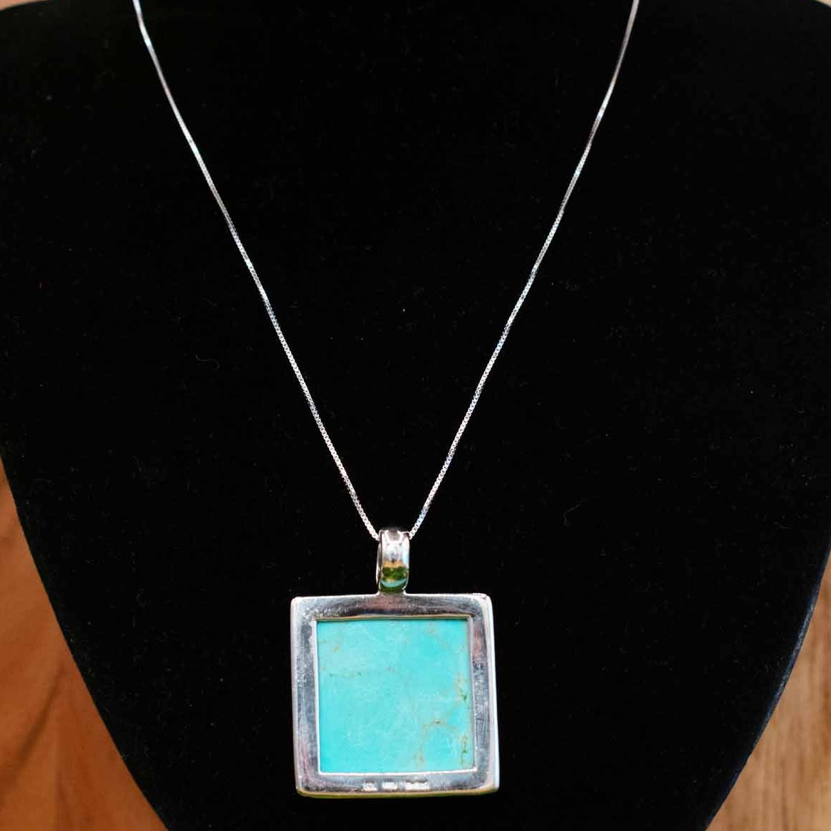 Square Timberline Turquoise Pendent Inlayed in 925 Silver Boarder Necklace Crafted in Thailand