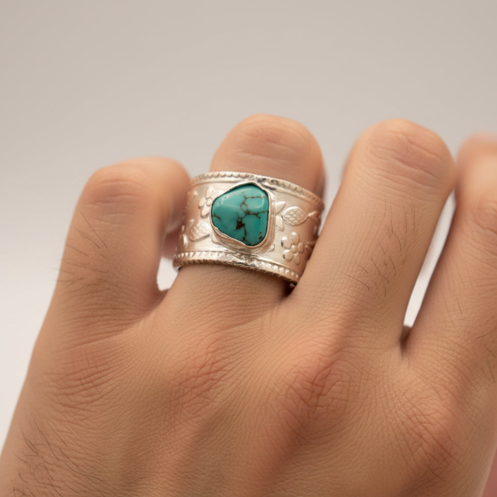 Turquoise 925 Sterling Silver Flower Band Ring Size 5
