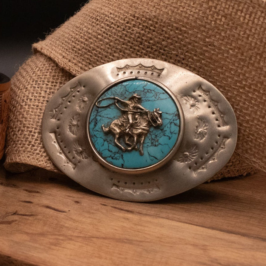Vintage Western Style Nickel Silver and Turquoise Belt Buckle