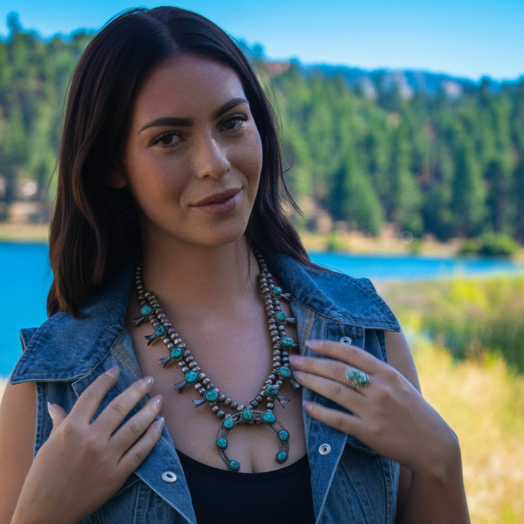Vintage Navajo Kingman Turquoise Sterling Silver Squash Blossom Necklace