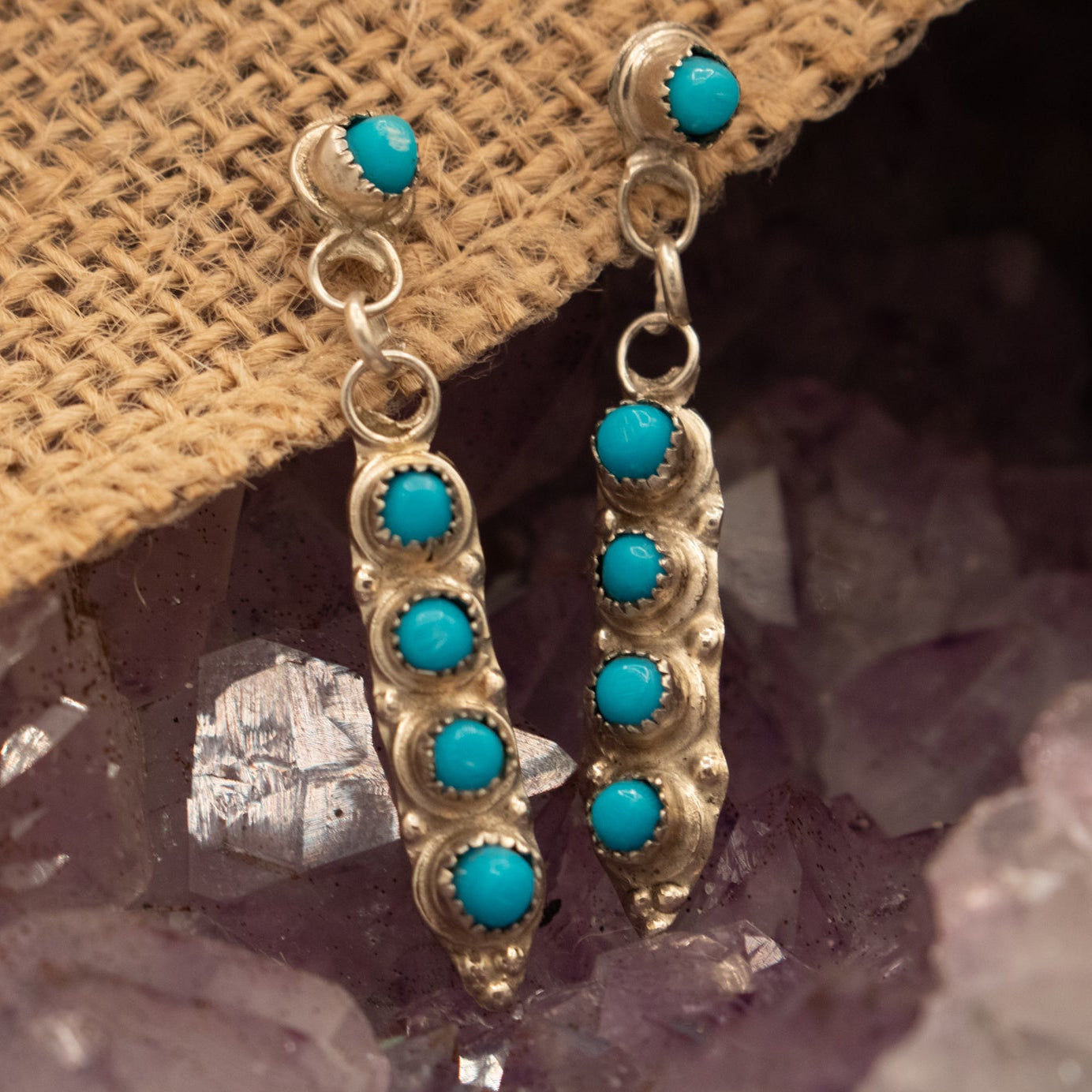 Zuni Native American Sterling Silver Turquoise Dangle Earrings by Nakatewa