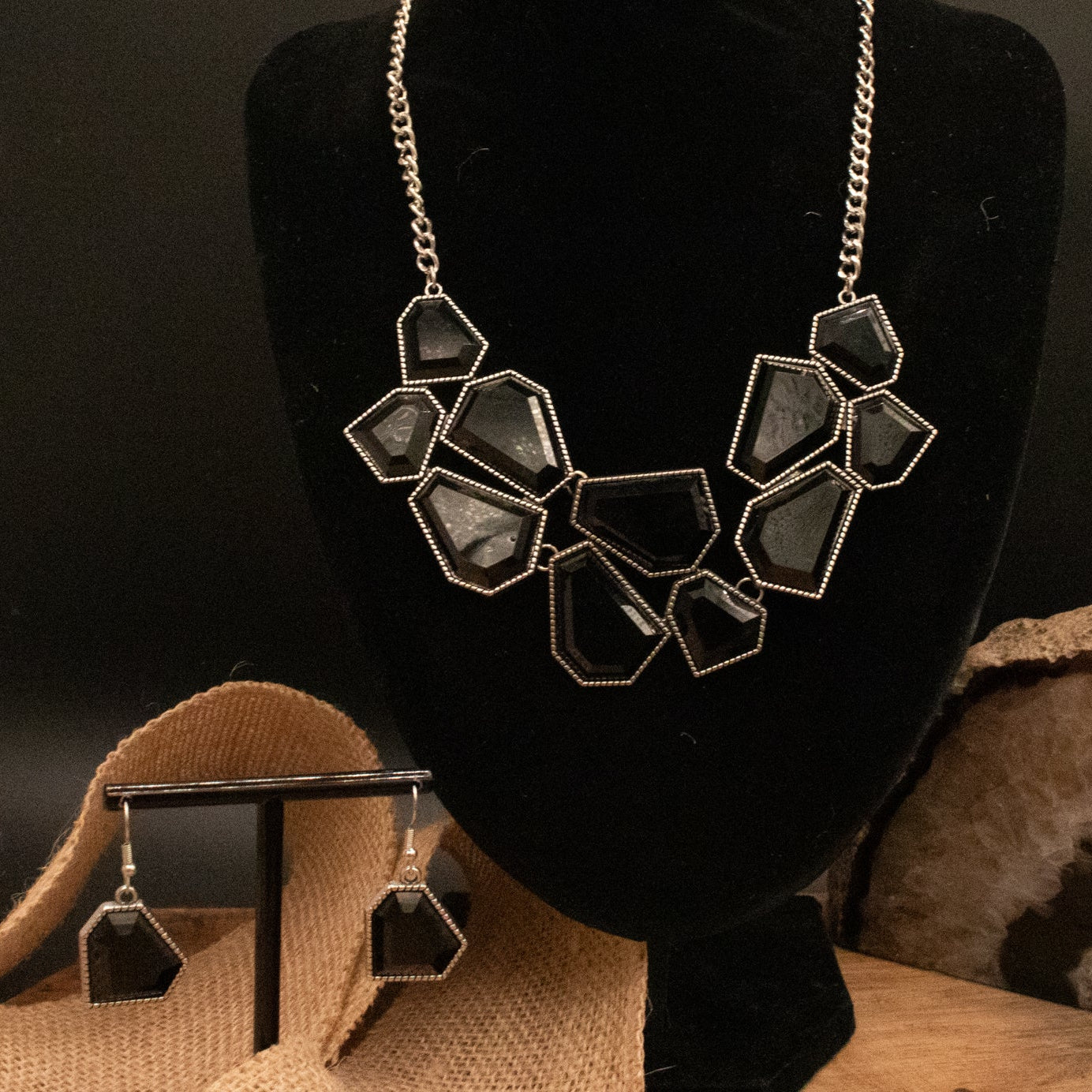 Black Abstract Cut Gemstone Statement Piece Matching Earring and Necklace Set