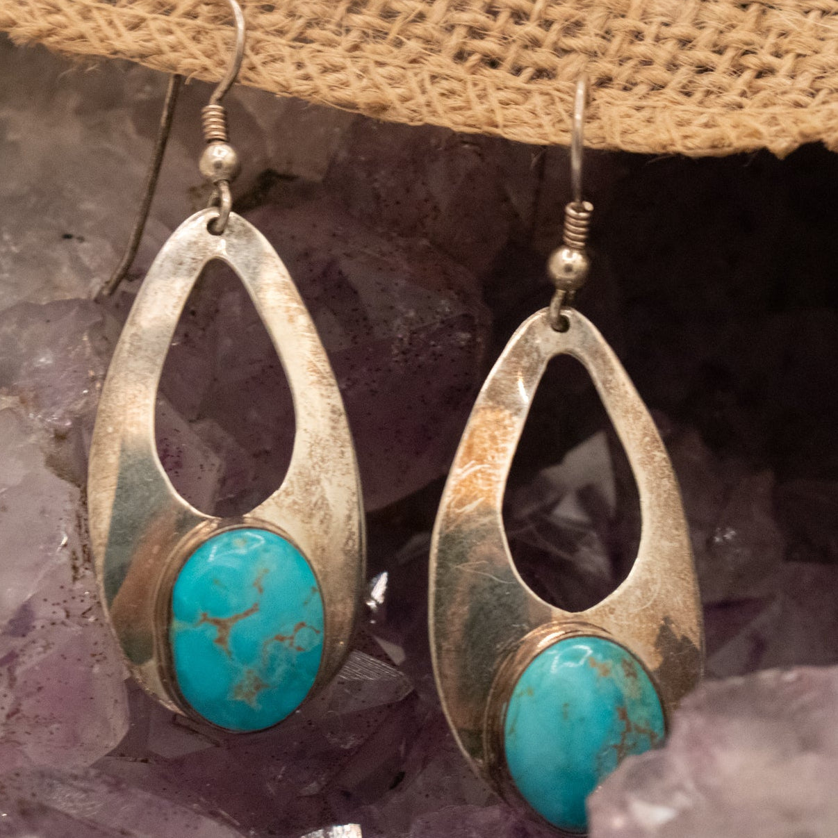 Vintage Navajo Turquoise Sterling Silver Tear Drop Shape  Dangle Earrings
