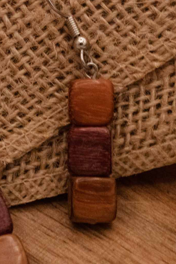 Wood Bead Dangle Earrings Brown Rustic Boho Wooden Drop Earrings Natural Style