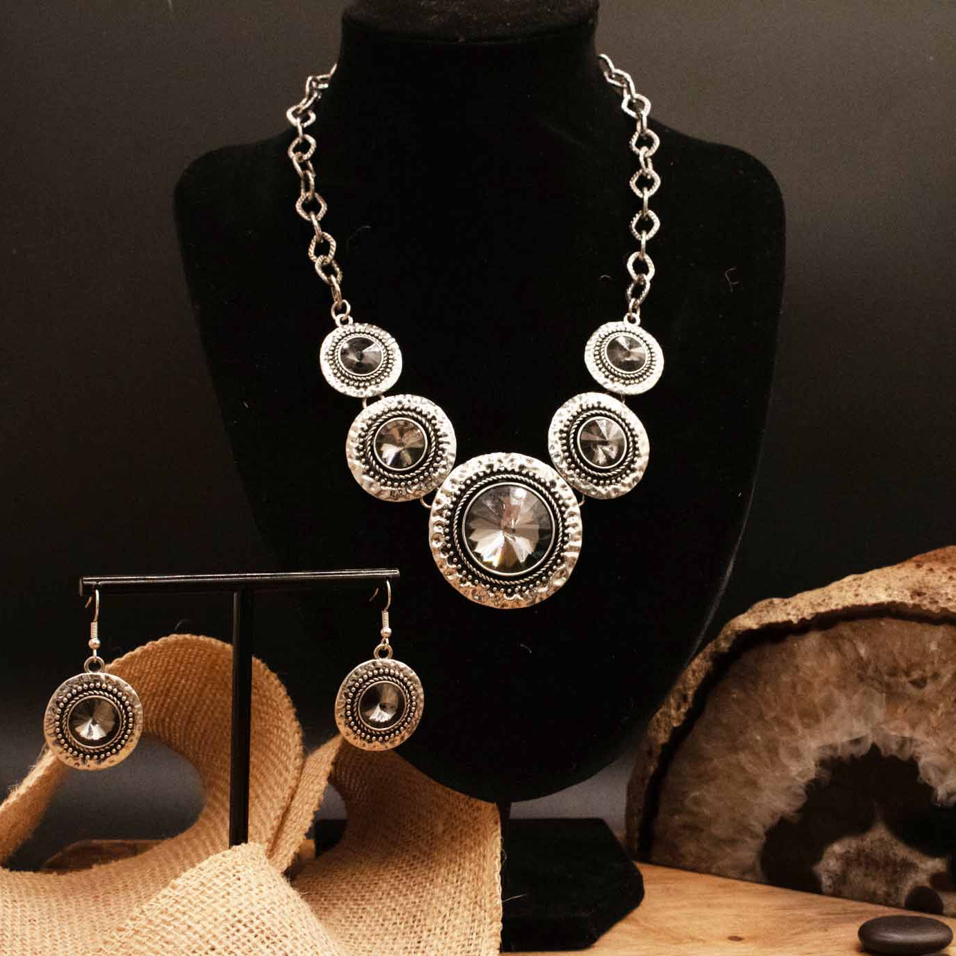 Paparazzi Large Circular Silver Statement Piece Necklace & Earring Set with Blackish Grey Gemstones