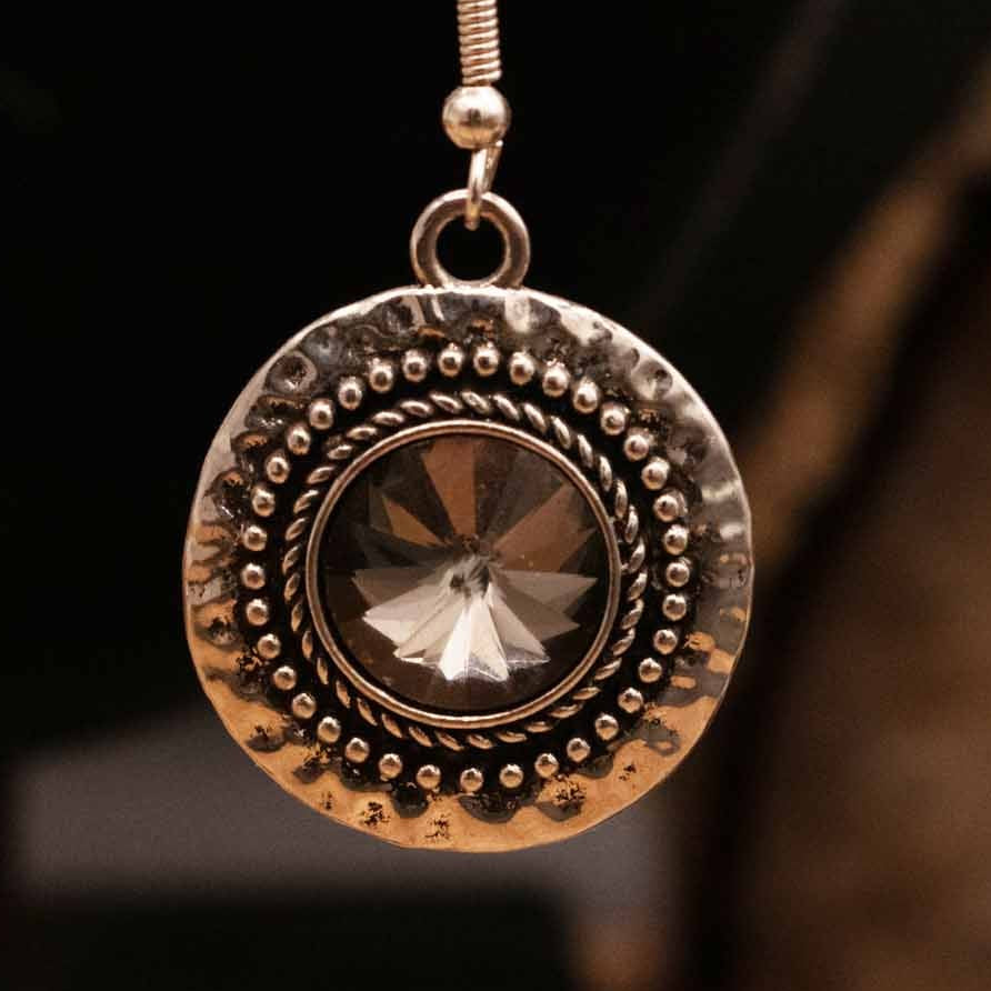 Paparazzi Large Circular Silver Statement Piece Necklace & Earring Set with Blackish Grey Gemstones
