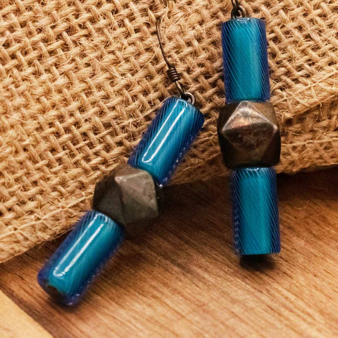 Blue Beaded Dangle Earrings Boho Geometric Drop Earrings Rustic Statement Jewelry