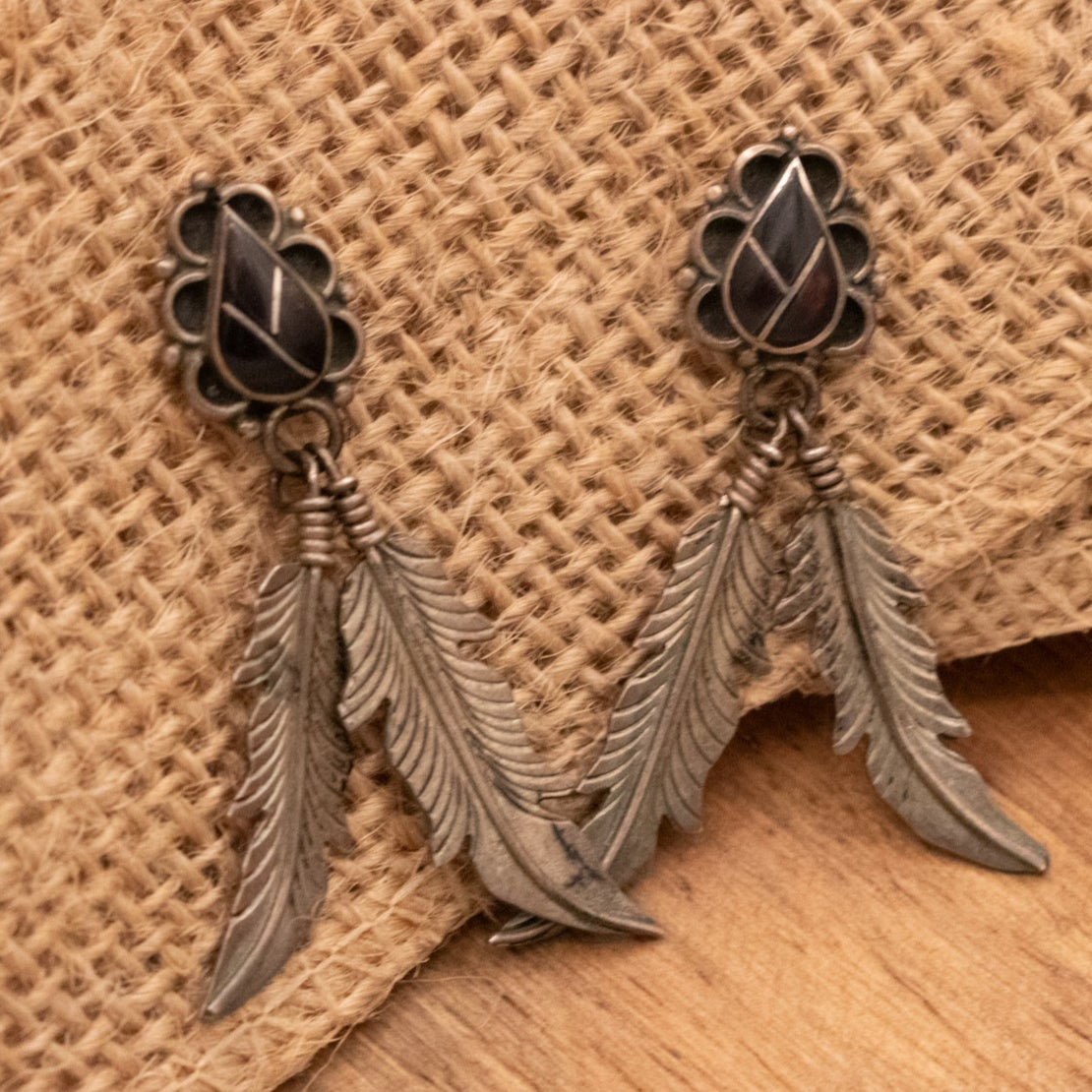 feather dangle earrings black stone boho western rustic statement earrings