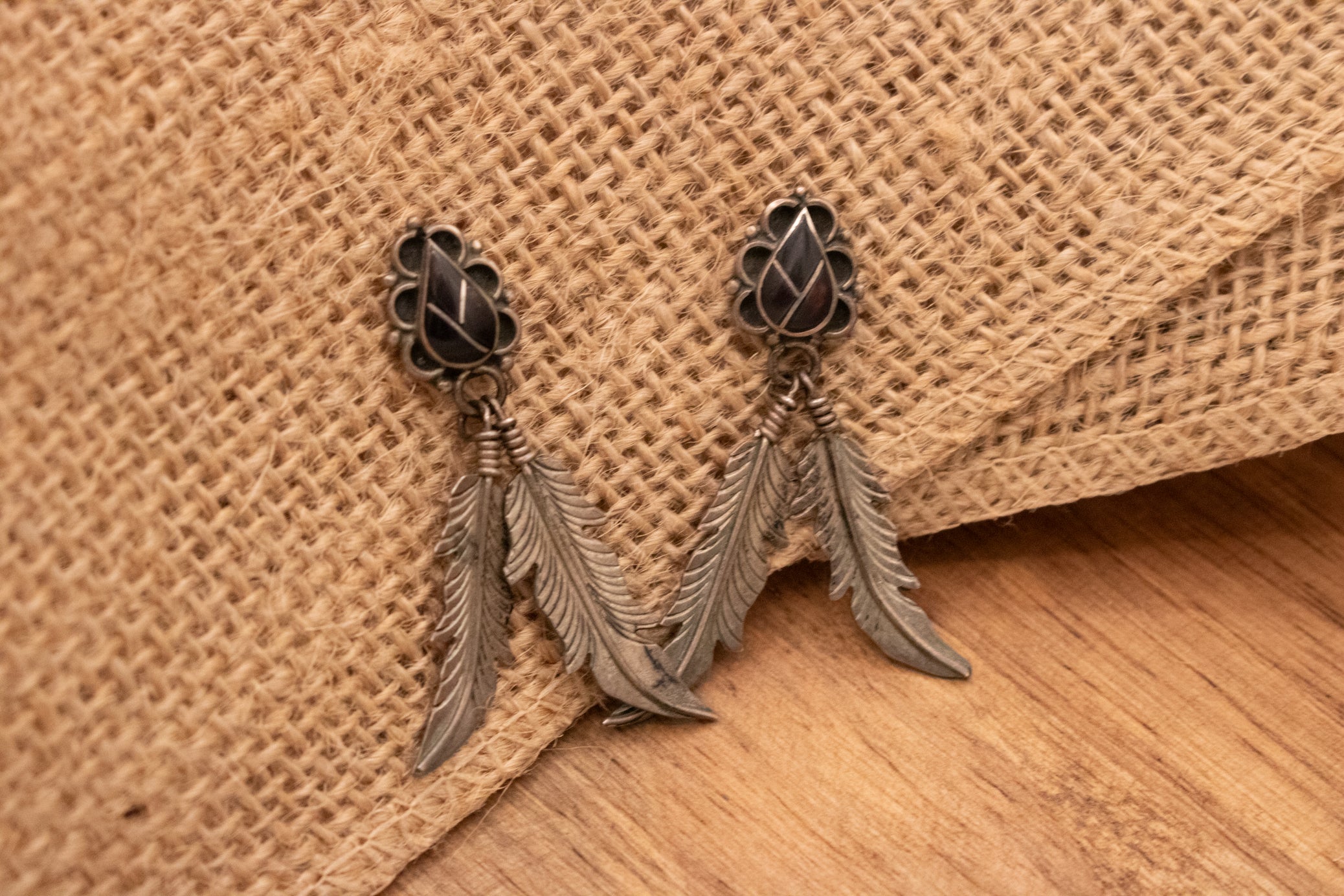 Feather Dangle Earrings Black Stone Boho Western Rustic Statement Earrings