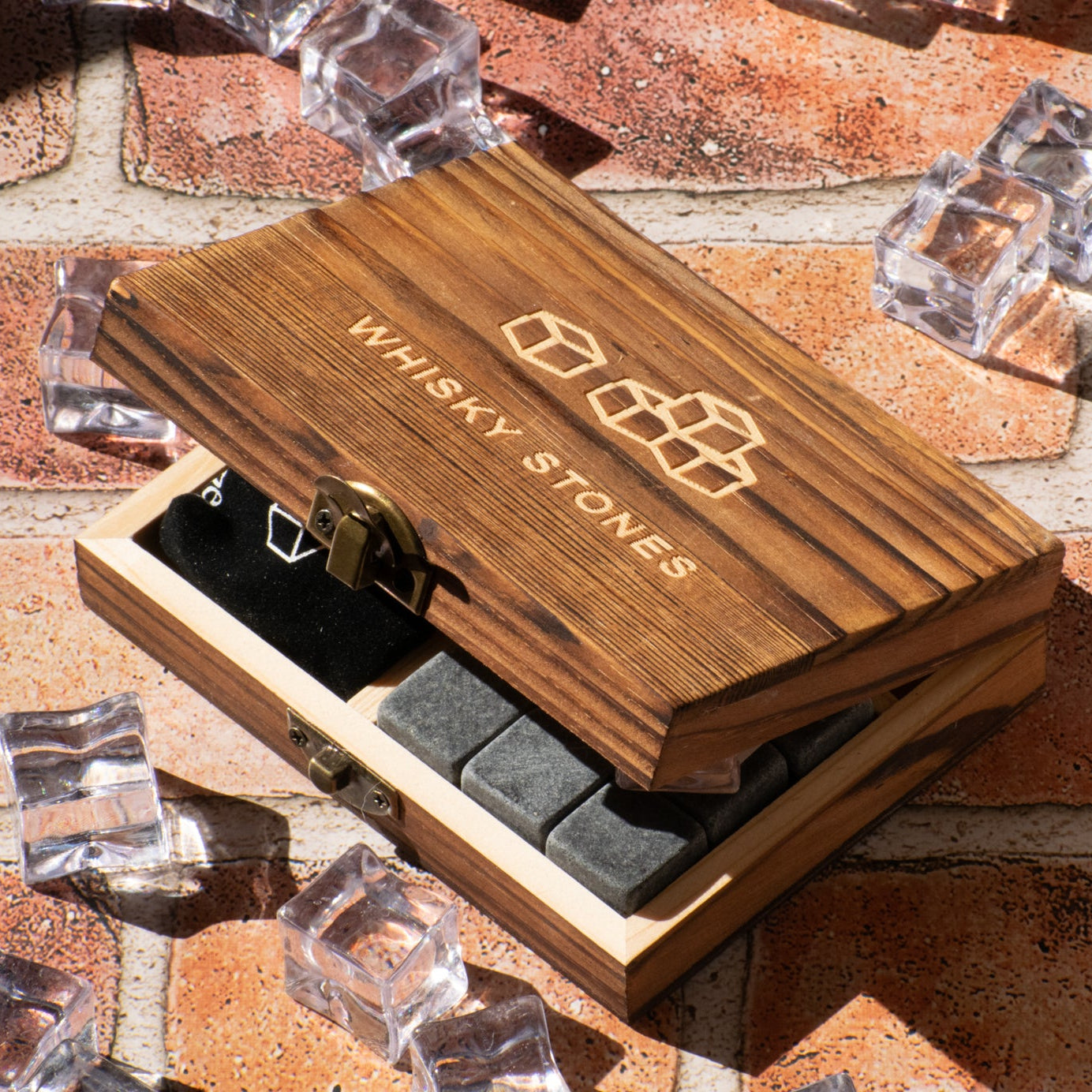 A set of whiskey chilling stones inside a wooden box, with a velvet pouch and stainless steel tongs, Whiskey Stones Set of 8 Whiskey Chilling Stones in Premium Wooden Velvet Pouched Gift Box