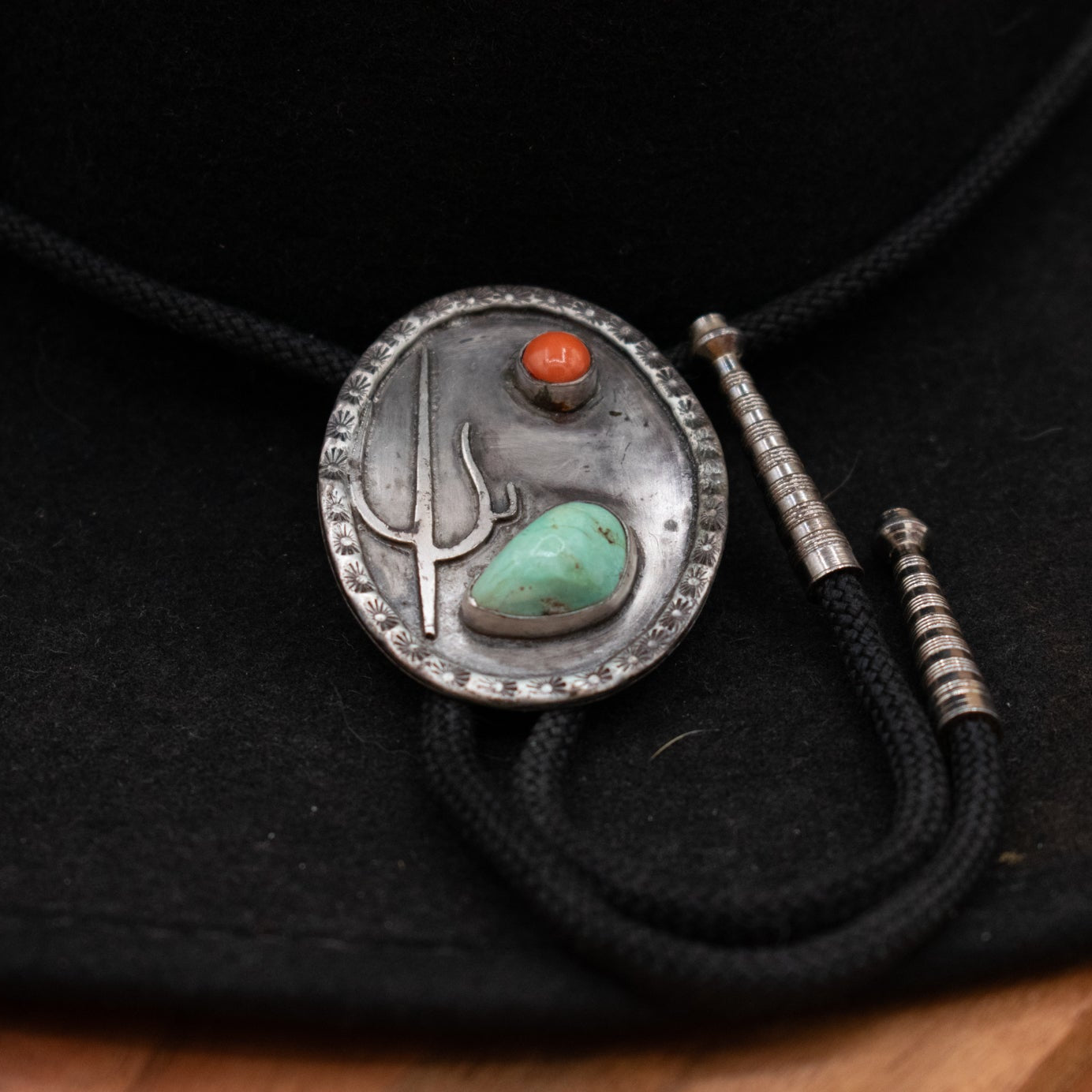 Native American Cactus Bolo Tie with Turquoise and Red Coral Gemstones