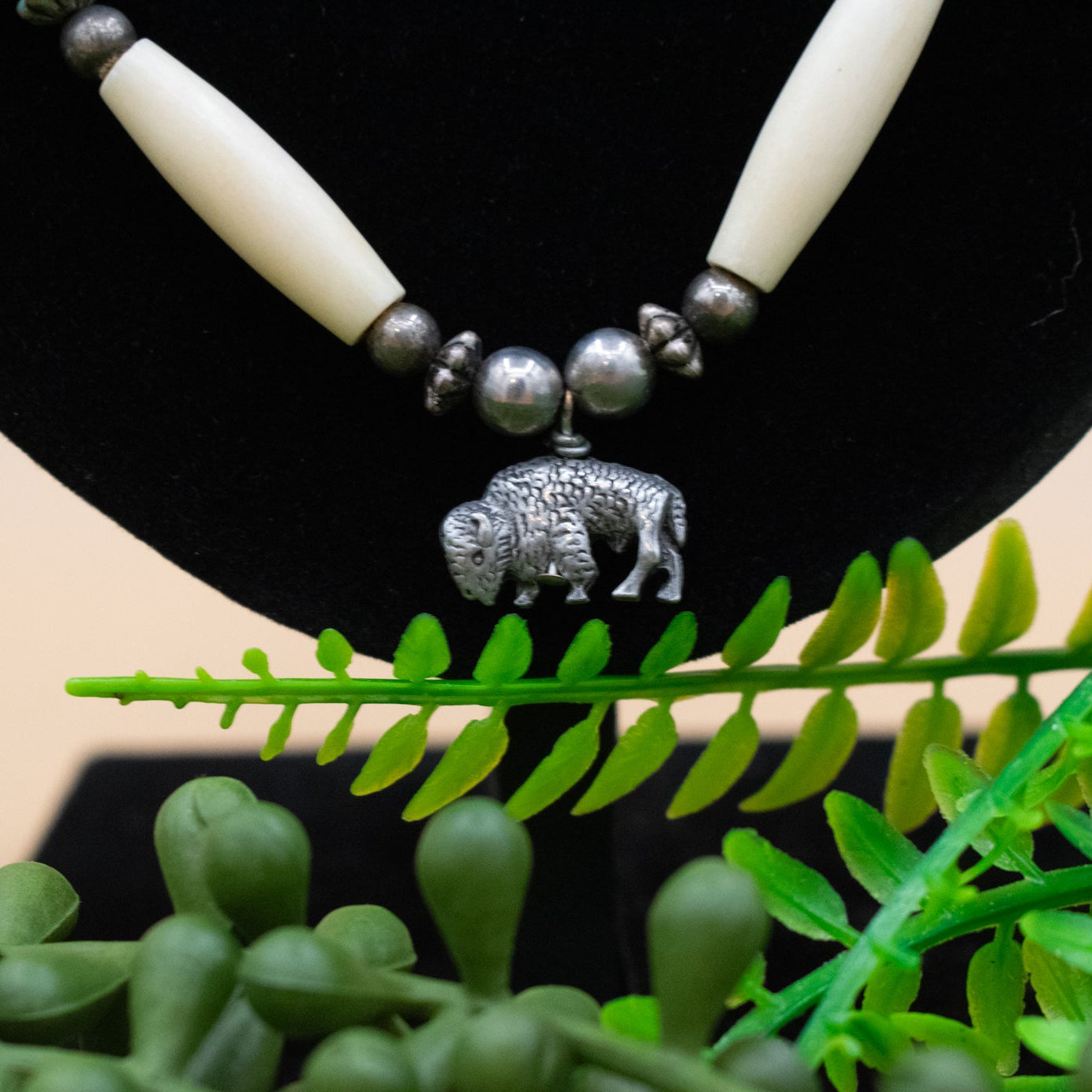 Vintage Native American Navajo Necklace with Silver Buffalo Black Wooden Beads