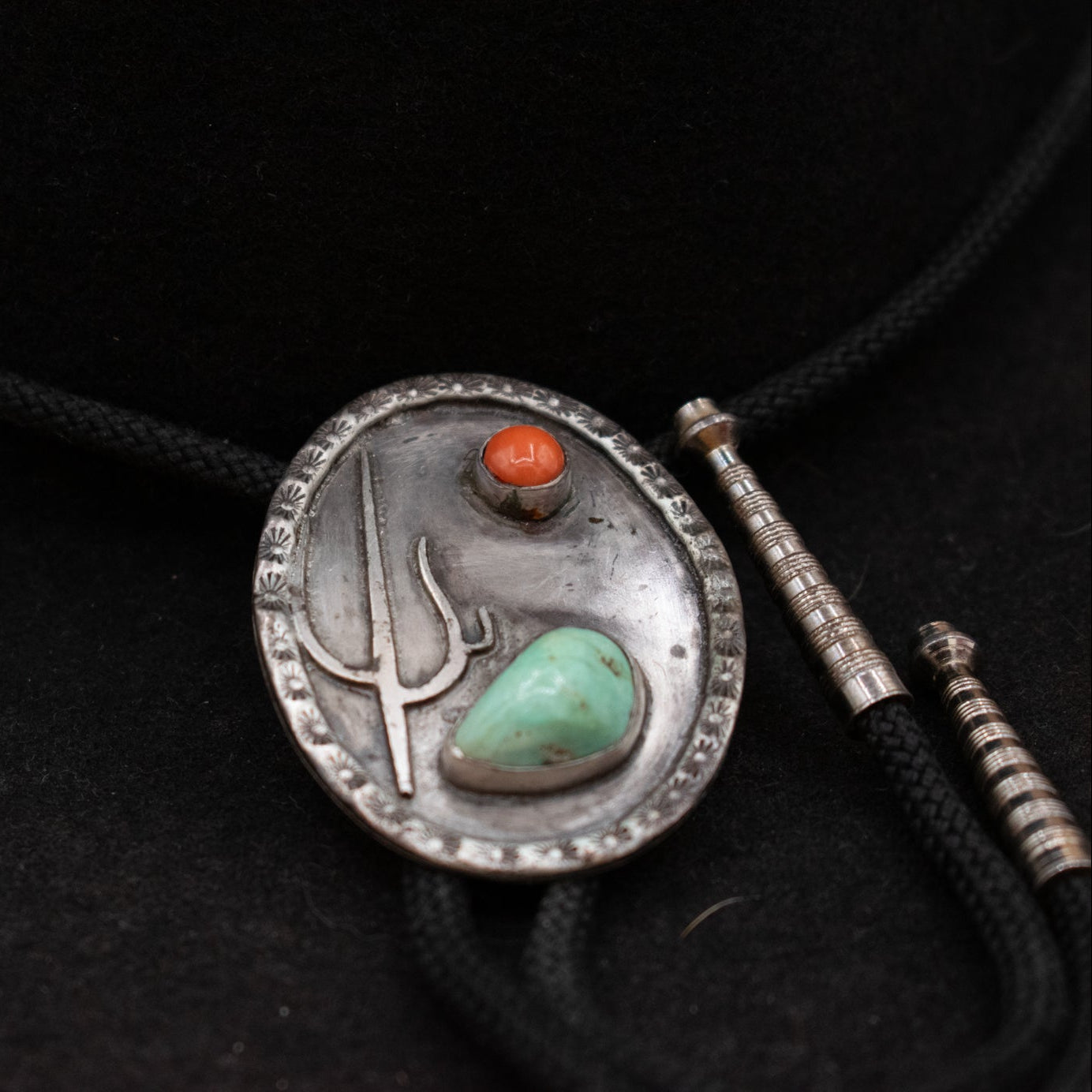 Native American Cactus Bolo Tie with Turquoise and Red Coral Gemstones