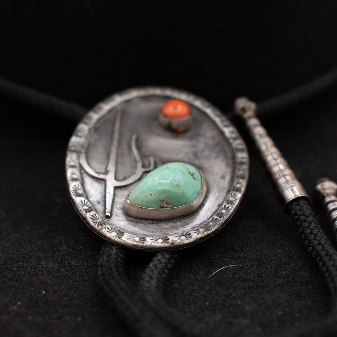 Native American Cactus Bolo Tie with Turquoise and Red Coral Gemstones