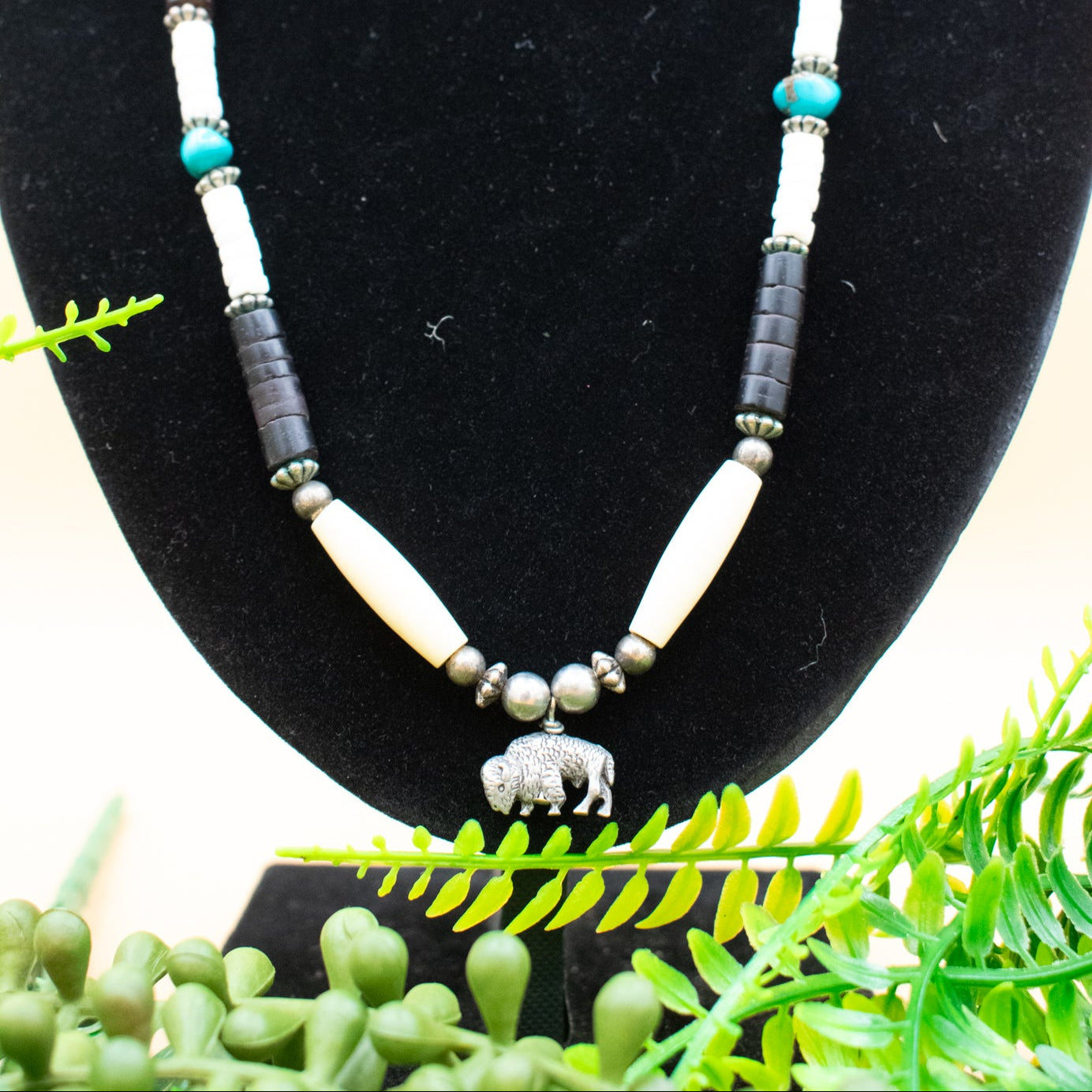 Vintage Native American Navajo Necklace with Silver Buffalo Black Wooden Beads