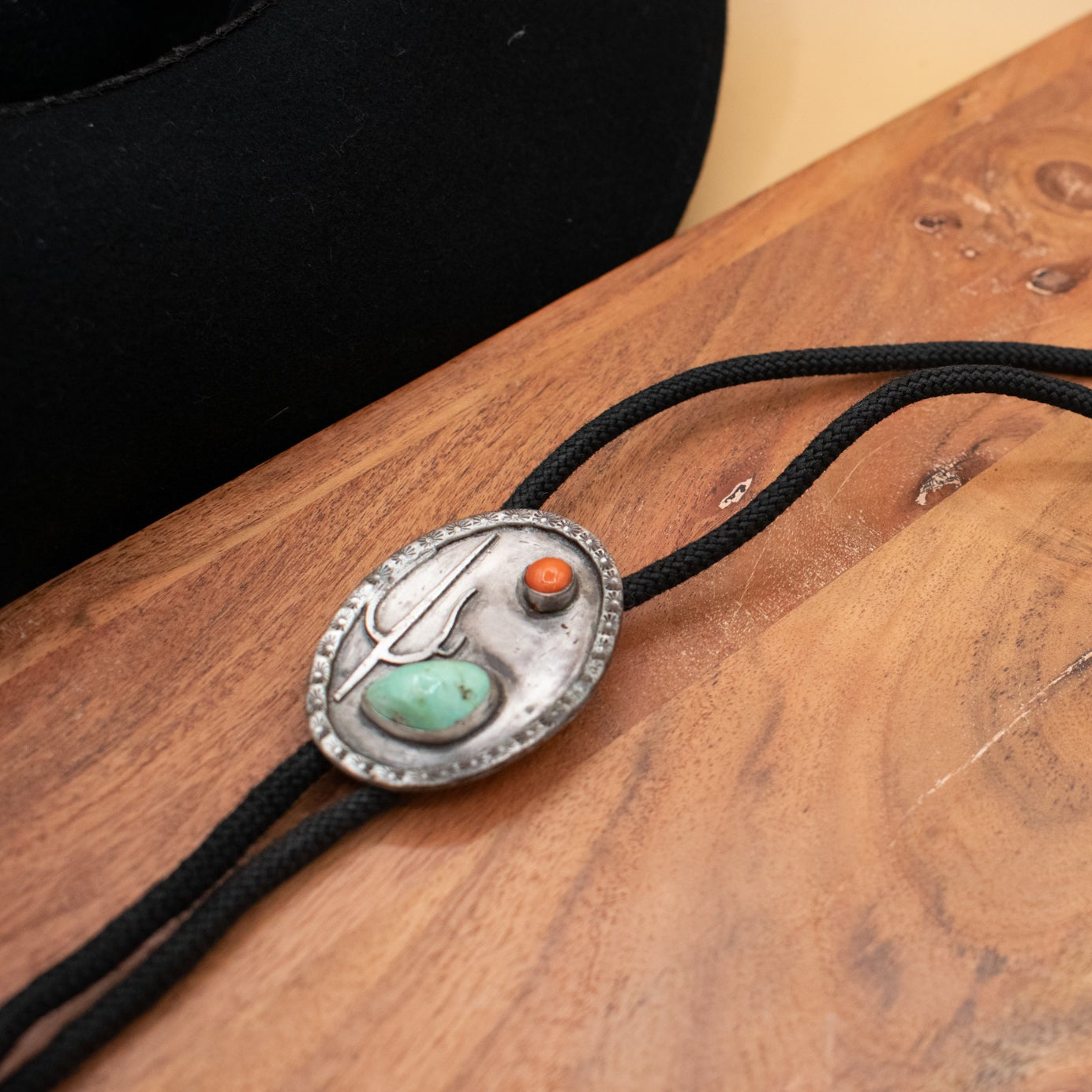 Native American Cactus Bolo Tie with Turquoise and Red Coral Gemstones