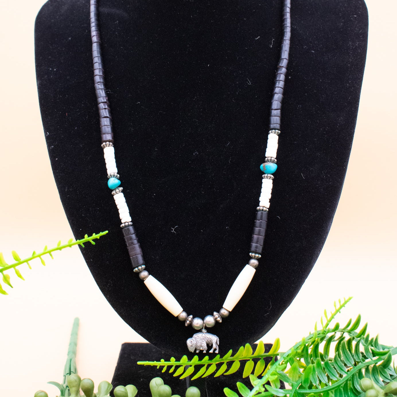 Vintage Native American Navajo Necklace with Silver Buffalo Black Wooden Beads