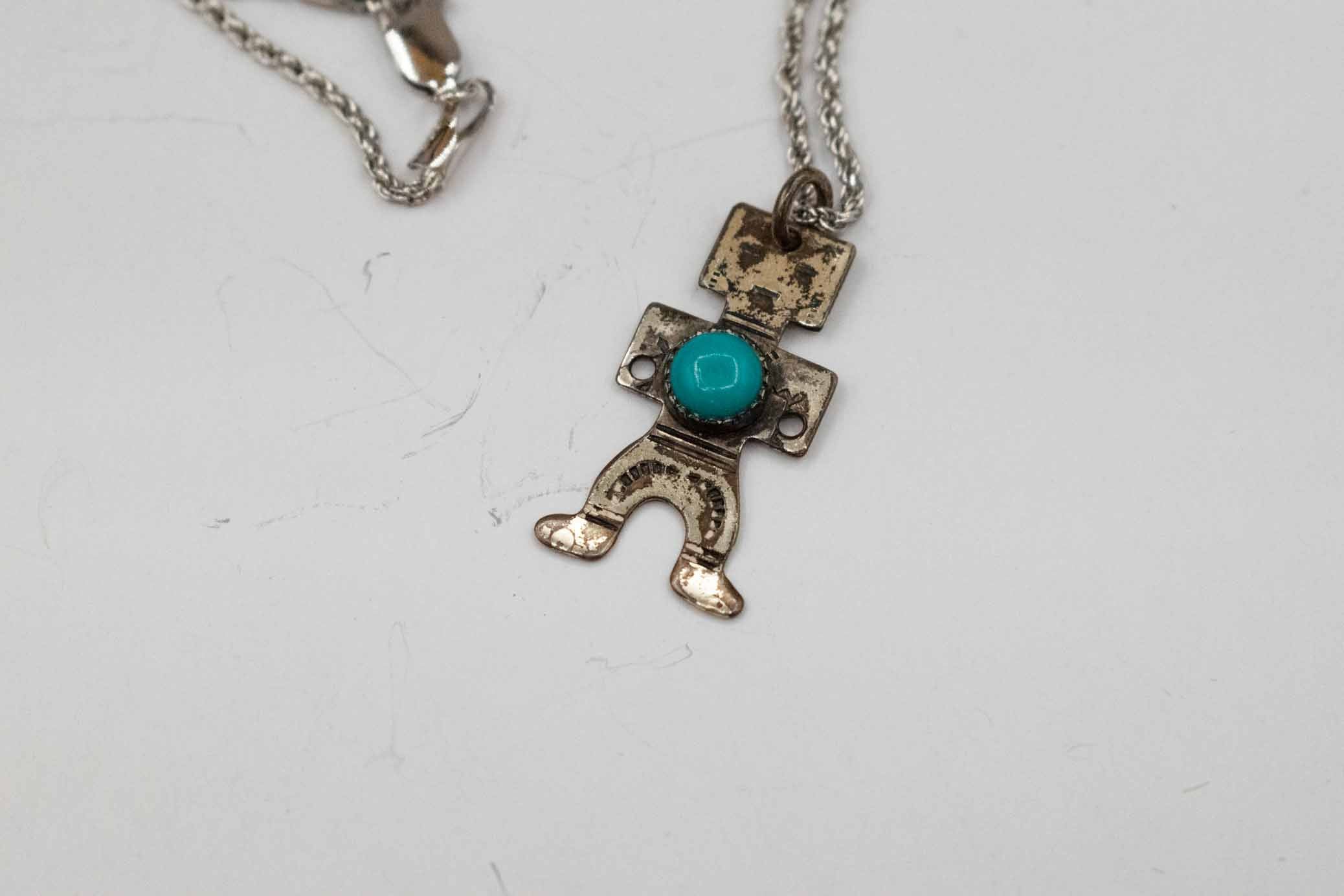 Vintage Navajo Dancer Turquoise Pendant Necklace Sterling Silver Harvey Era Style