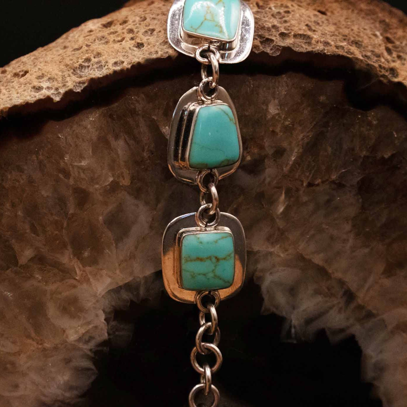 Sterling Silver Link Bracelet with 5 Royston Turquoise Gemstones From Mexico