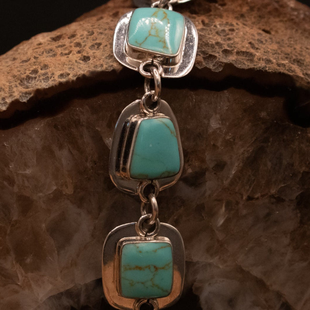 Sterling Silver Link Bracelet with 5 Royston Turquoise Gemstones From Mexico