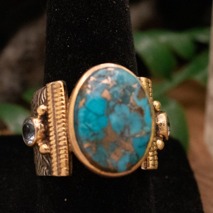 Blue Copper Turquoise 925 Sterling Silver Handmade Topaz Flower Size 10