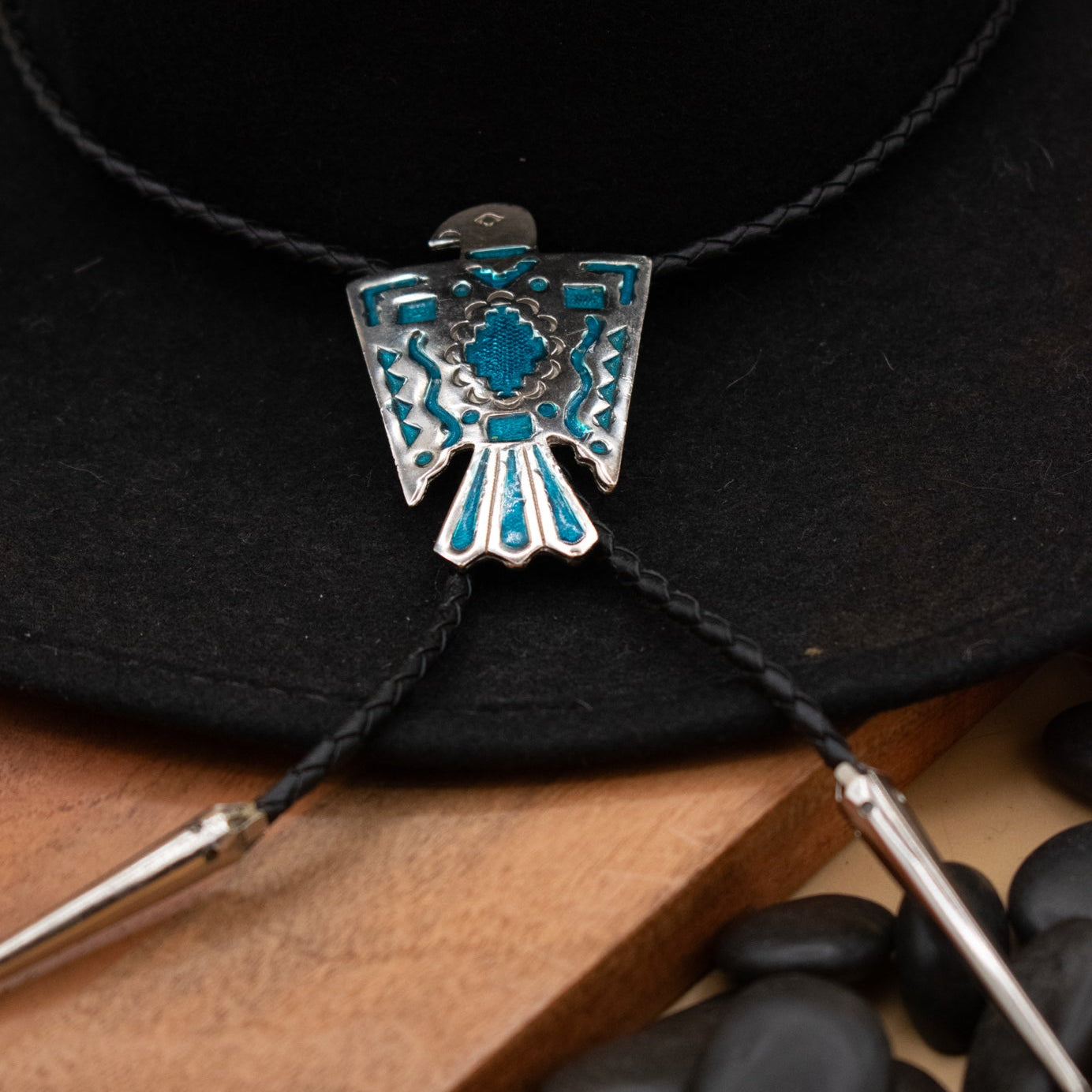 Native American Blue Turquoise Color Resin Inlayed Thunderbird Bolo Tie