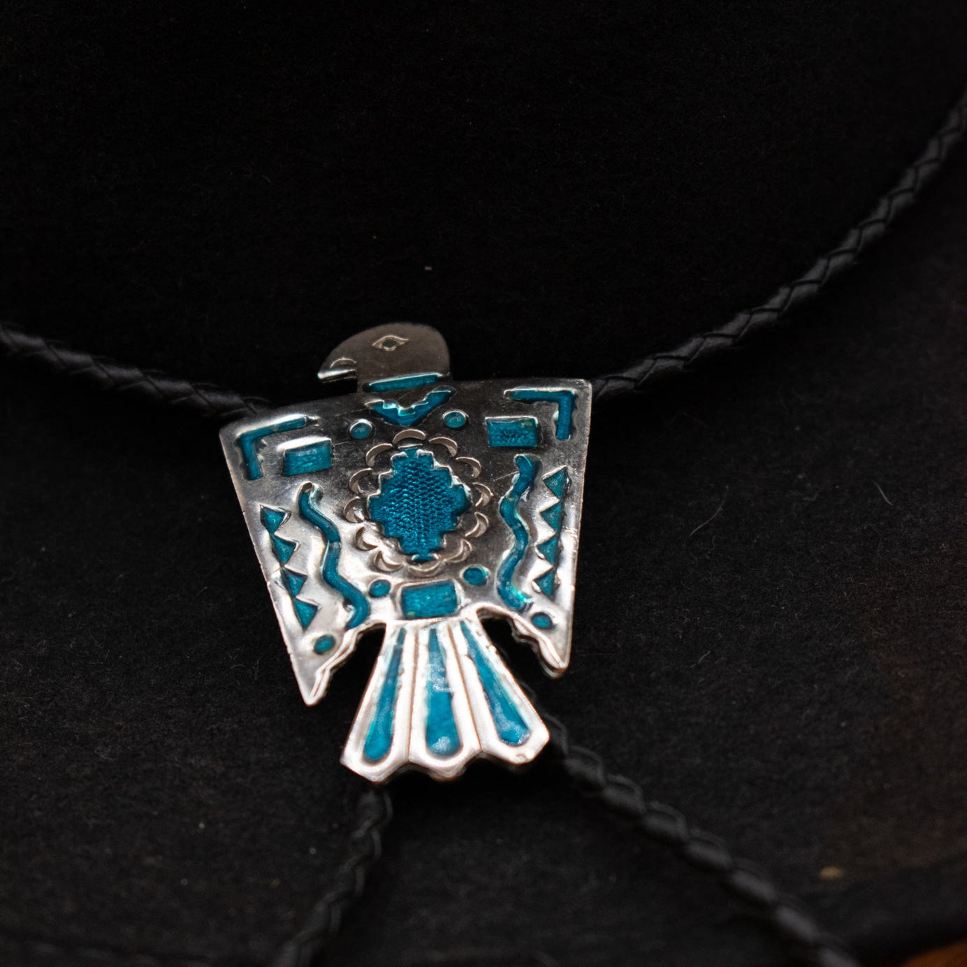Native American Blue Turquoise Color Resin Inlayed Thunderbird Bolo Tie