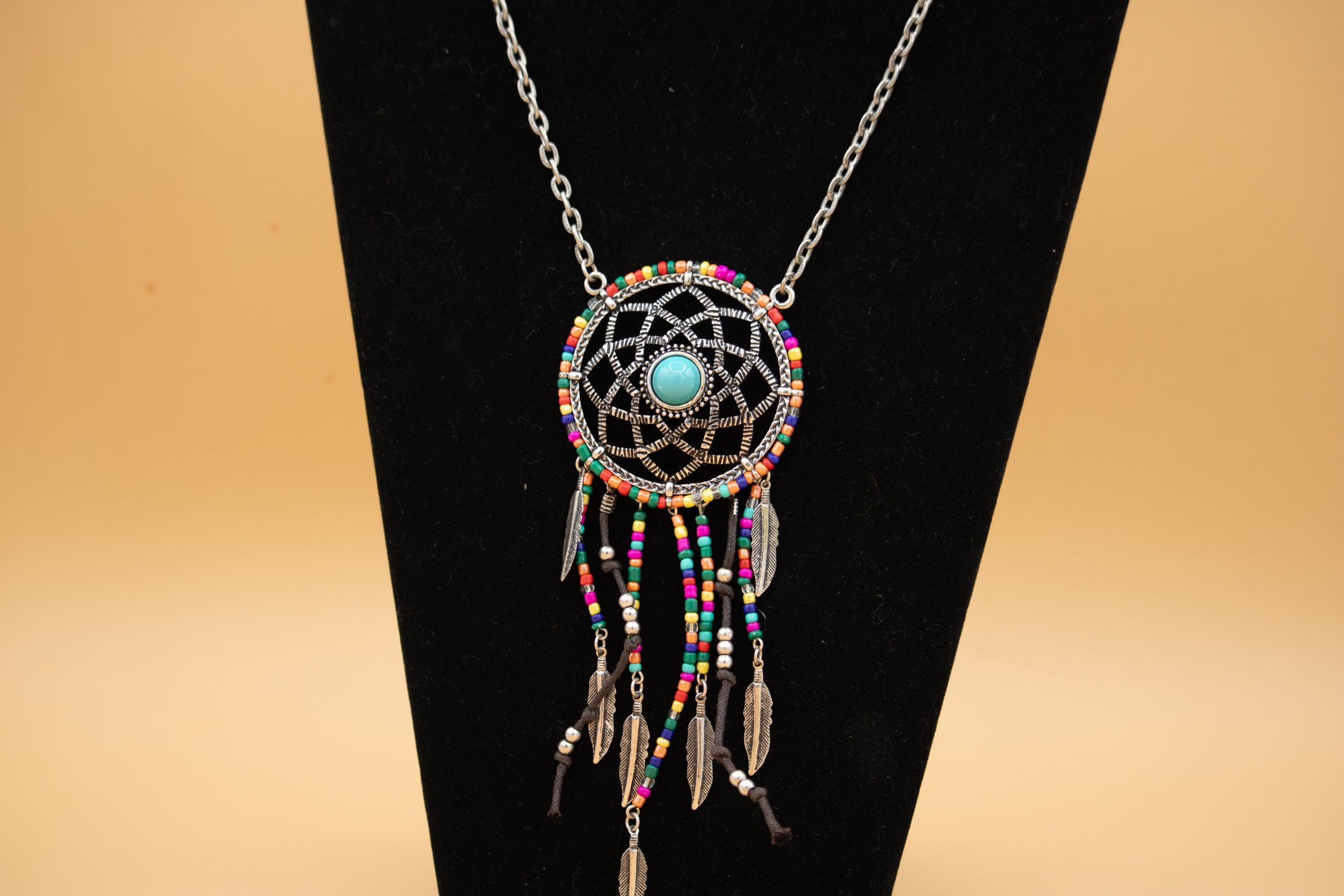 dreamcatcher necklace turquoise boho feather pendant beaded fringe 18 inch chain