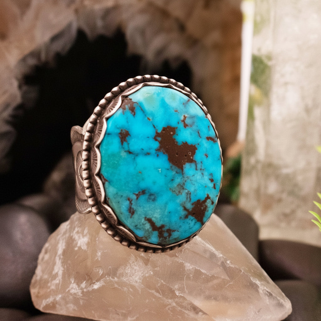 Vintage Navajo Sterling Silver Big Turquoise Ring Stamped Elgin Tom Size 11