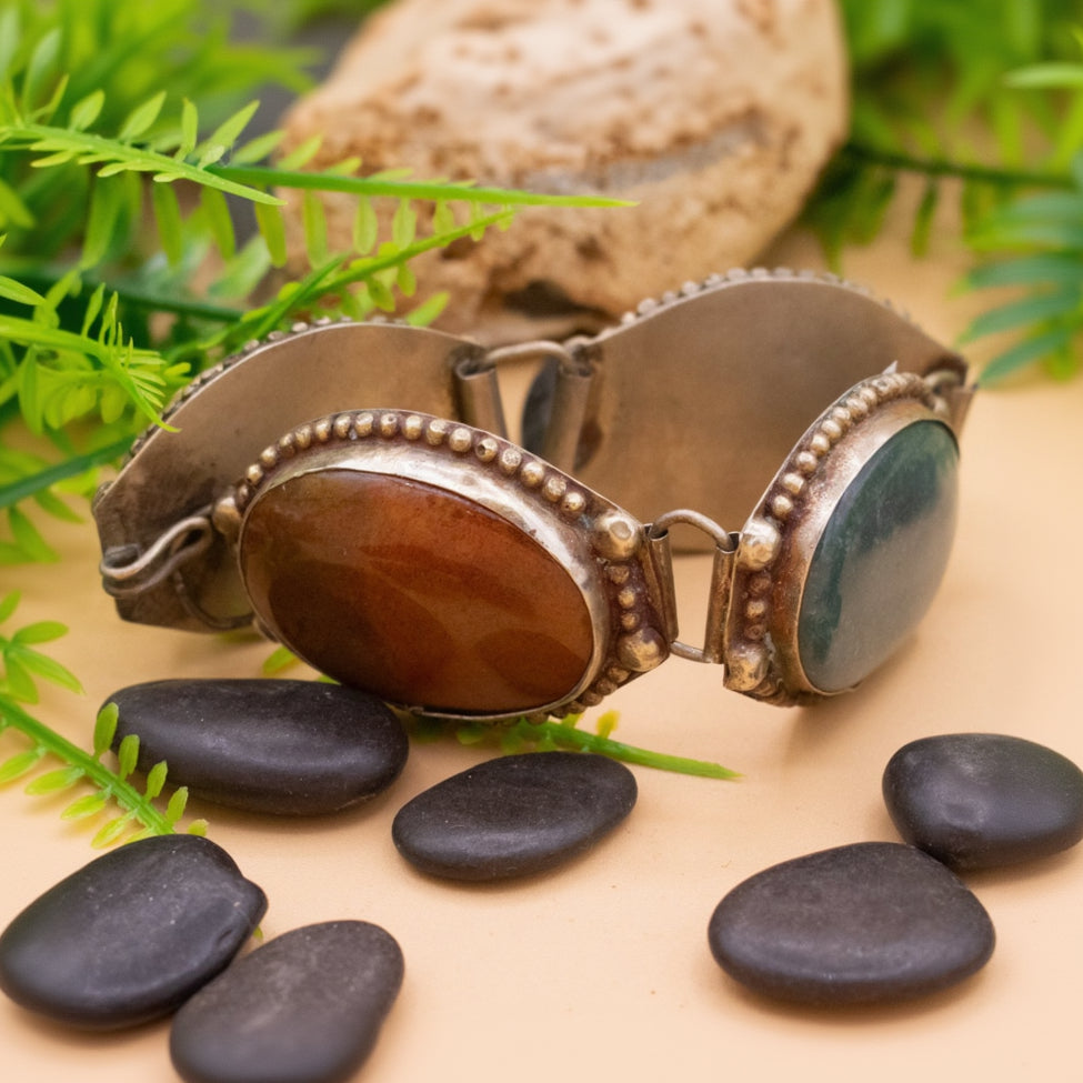 Vintage Silver Bracelet Features Polished Jasper, Agate, Jade and Onyx Stones
