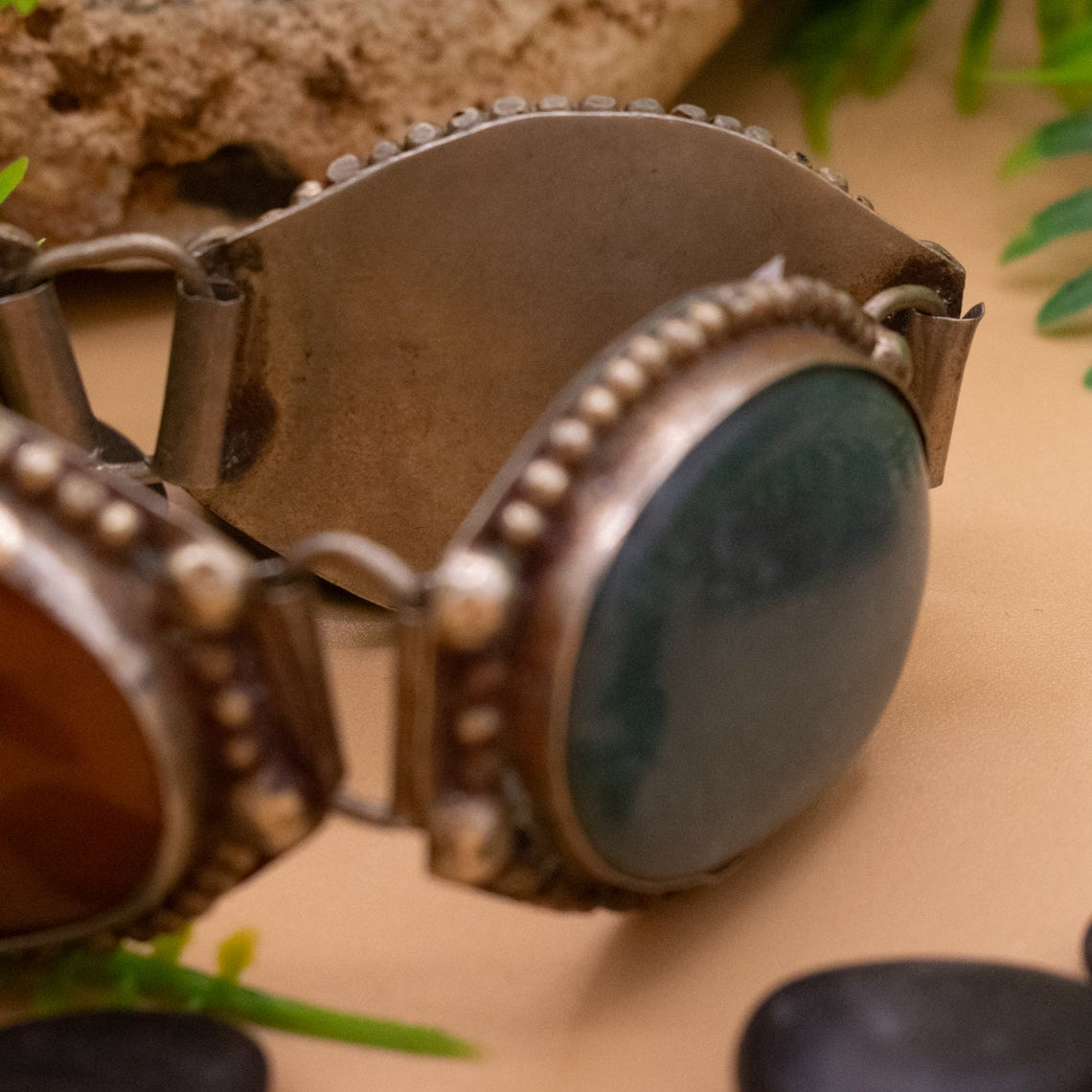 Vintage Silver Bracelet Features Polished Jasper, Agate, Jade and Onyx Stones