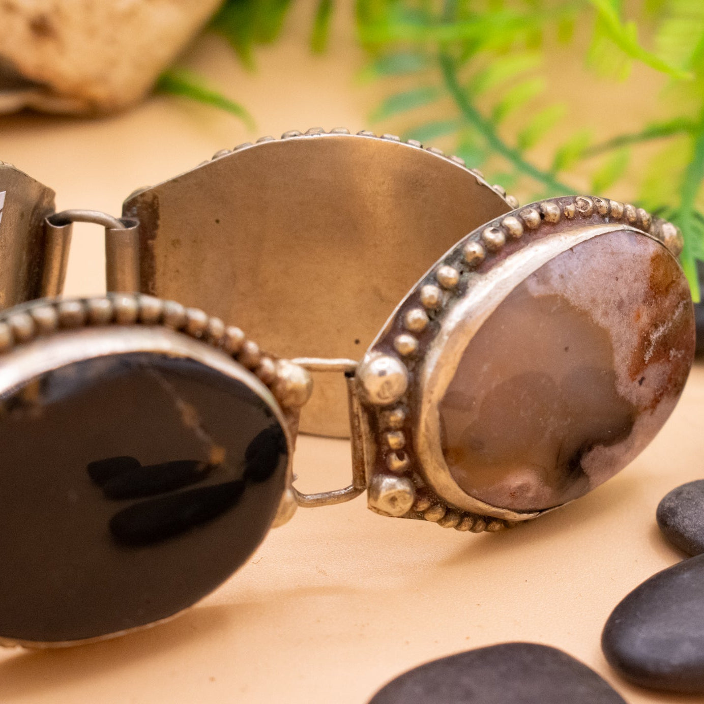 Vintage Silver Bracelet Features Polished Jasper, Agate, Jade and Onyx Stones