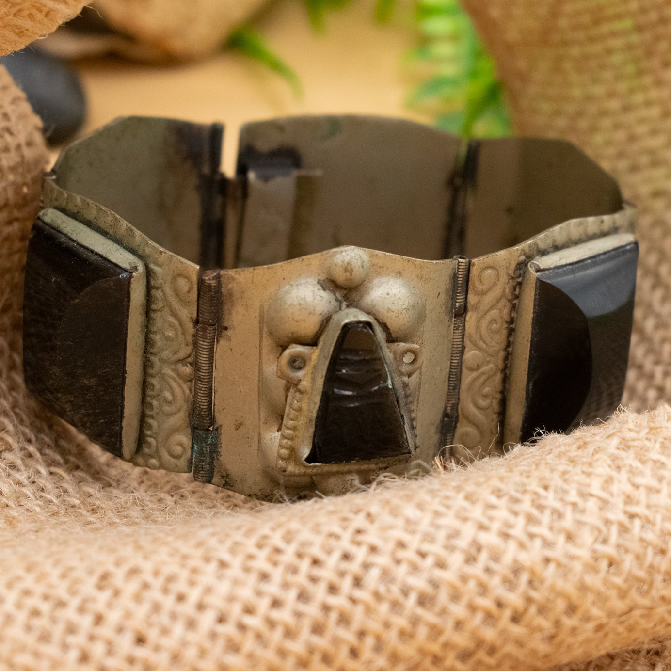 Vintage 70s Sterling Silver Hecho Mexico Aztec Mask Onyx Carved Panel Bracelet