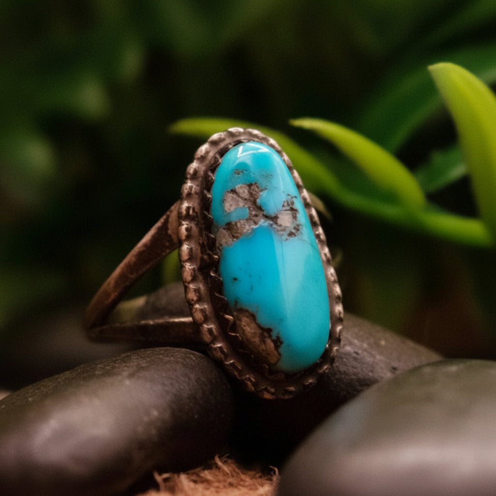 Vintage Navajo Bright Blue Turquoise with Sterling Silver Band Ring Size 5