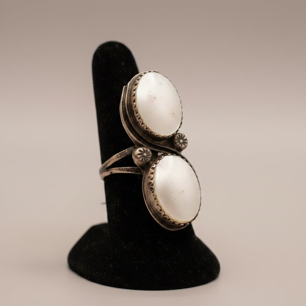 Vintage Sterling Silver Ring with Two Mother of Pearl Stones- Size 4