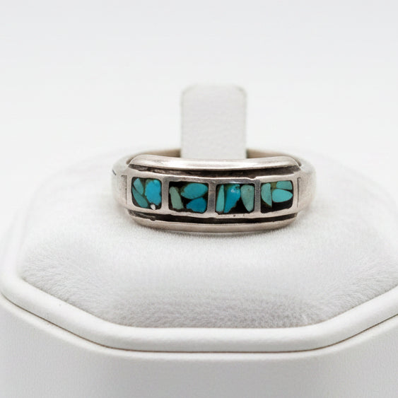 Sterling Silver Band with Inlaid Hachiya Turquoise Ring -Size 7.5
