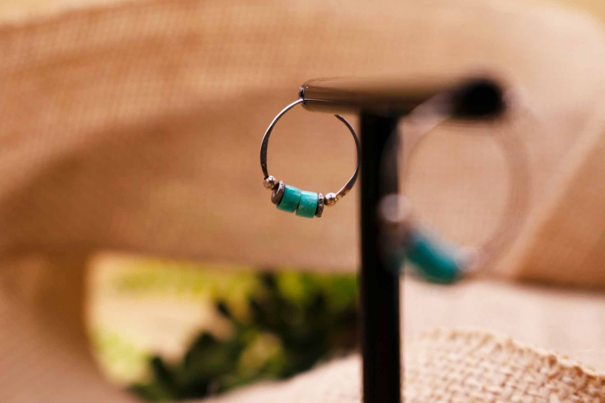 Turquoise Bead Hoop Earrings Silver Tone Small Boho Western Minimalist Hoops
