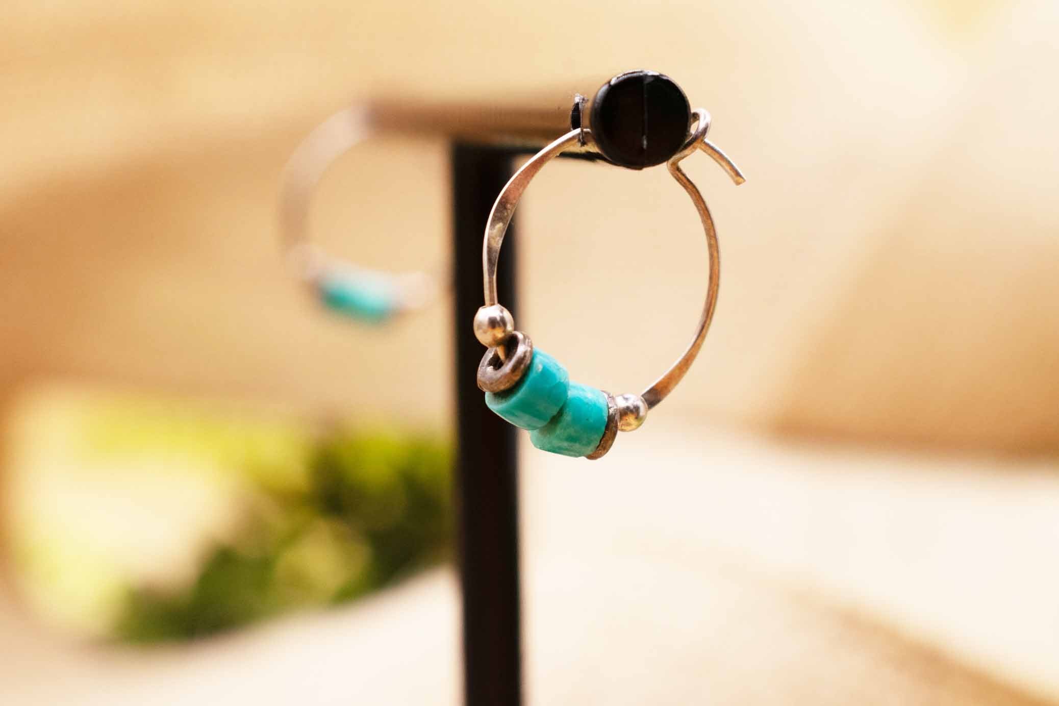 turquoise bead hoop earrings silver tone small boho minimalist hoops