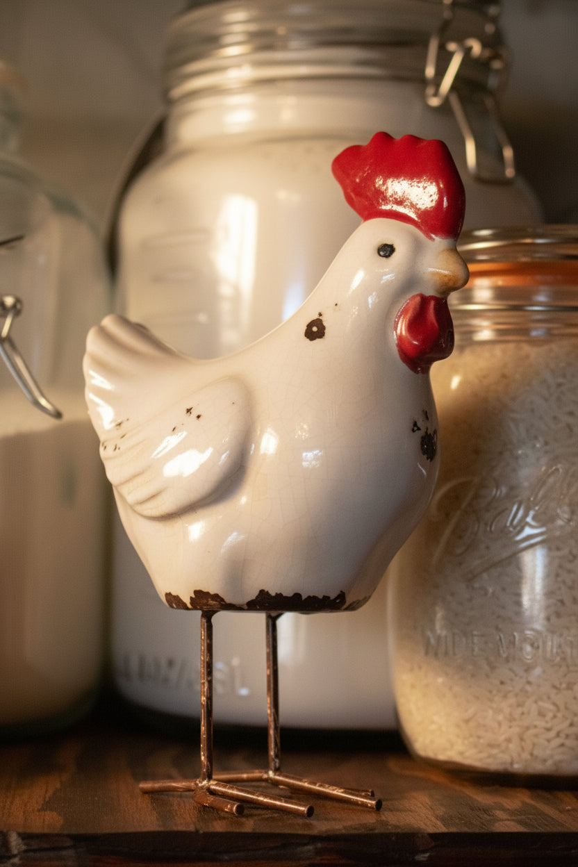 White Decorative Ceramic Chicken with Metal Legs