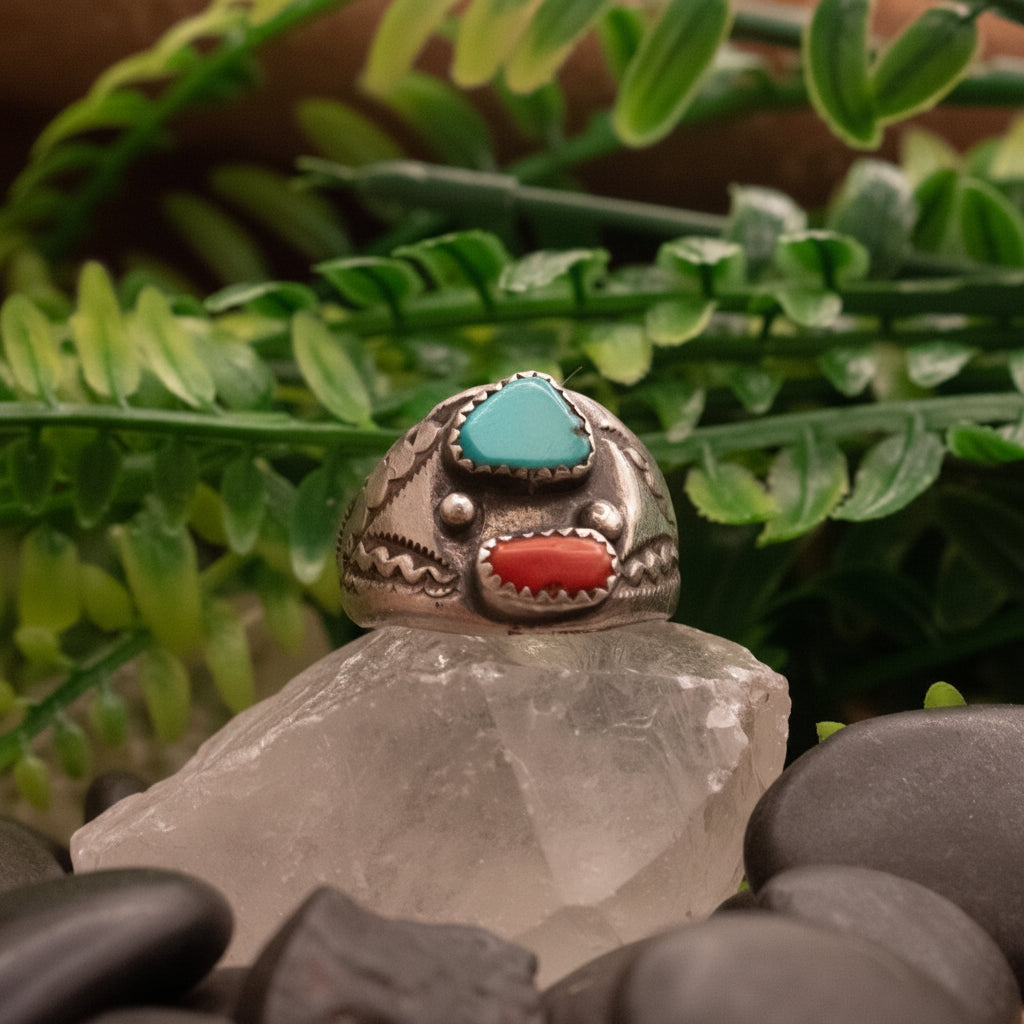 Fox Turquoise & Coral Inlaid Gemstone Sterling Silver Ring Size 11