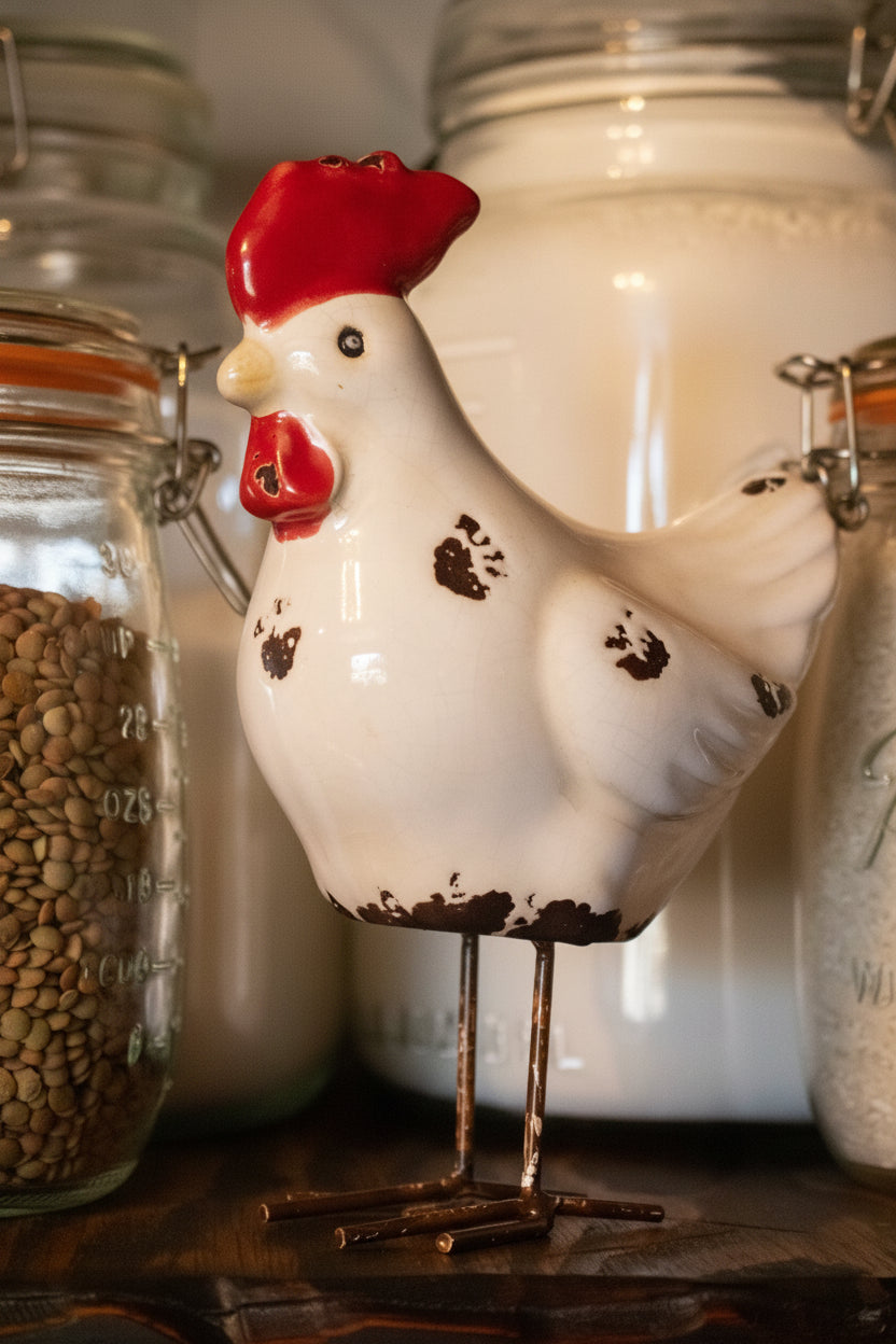 White Decorative Ceramic Chicken with Metal Legs