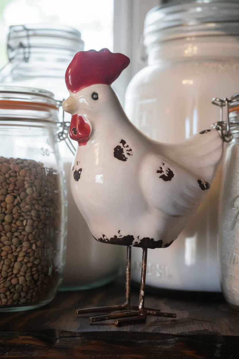 White Decorative Ceramic Chicken with Metal Legs