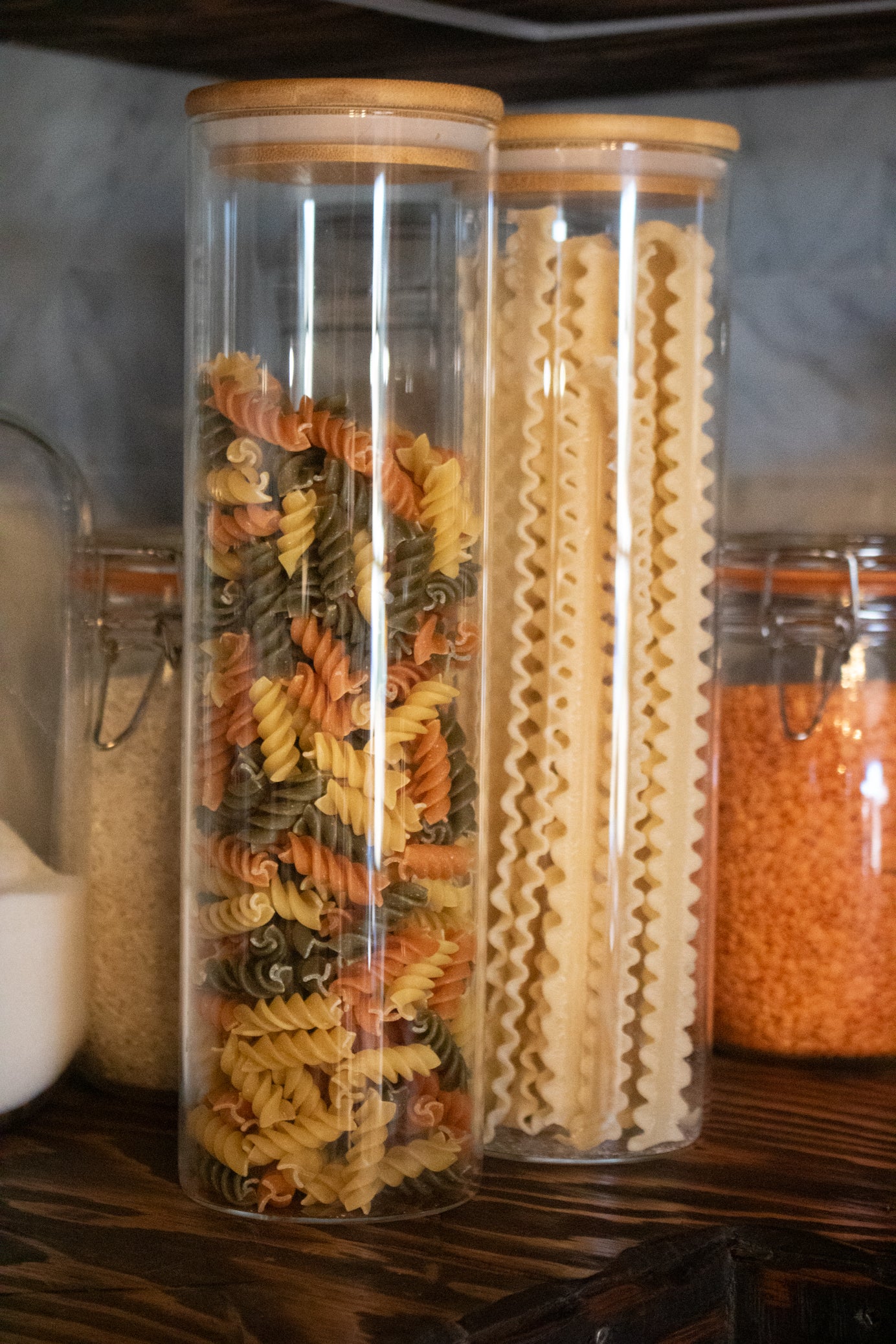 Set of 2 Kitchen Pantry Glass Pasta Storage Container with Lids Food Storage Jar with Wood Lids